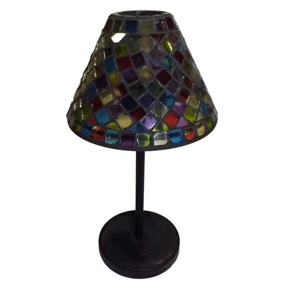 Mosaic Glass Table Votive Lamp Multicolor Stained Glass Shade Metal Base - Picture 5 of 13
